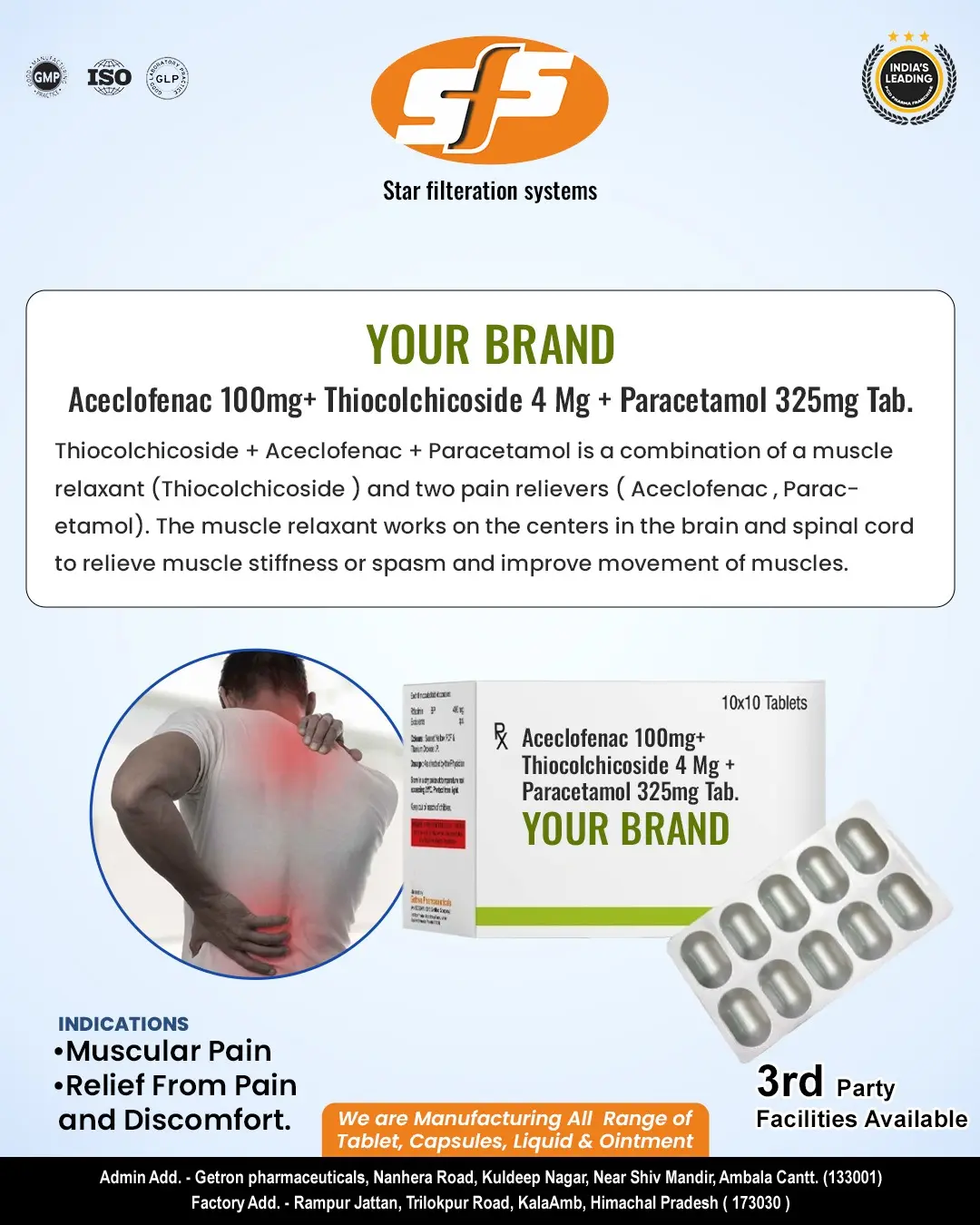 Aceclofenac  100MG + Thiocolchicoside 4MG + Paracetamol  325MG TAB.