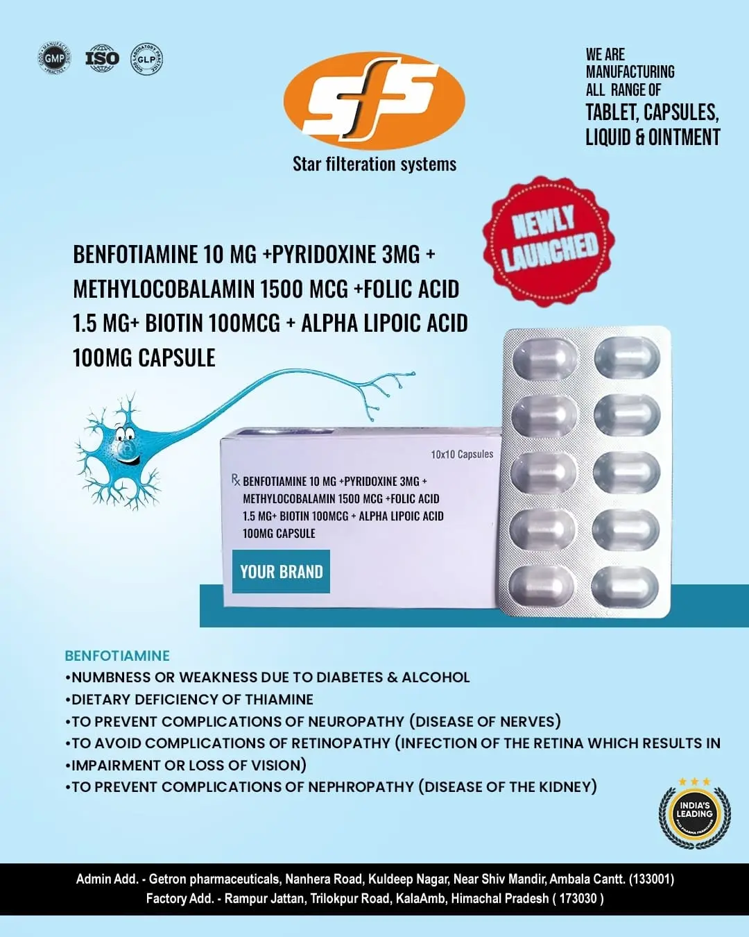 Benfotiamine 10mg +Pyridoxine 3mg+ Methycobalamin 1500mcg + Folic acid 1.5mg Biotin 100mcg +alpha lipoic acid 100mg capsule