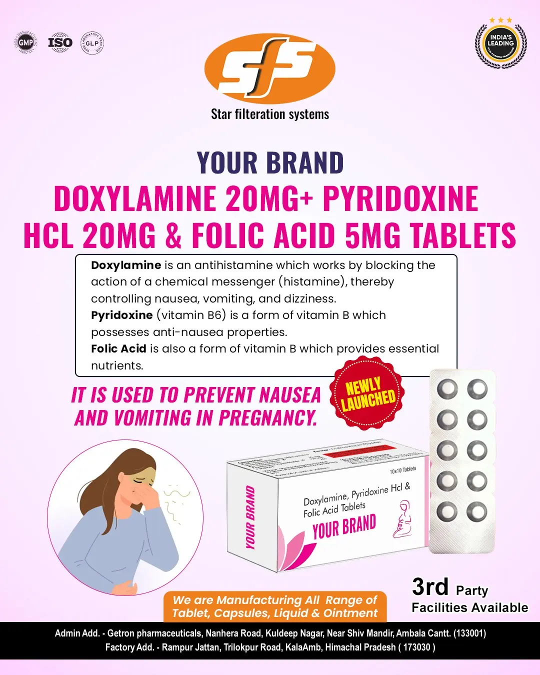 Doxylamine 20mg+ Pyridoxine HCL 20mg & Folic Acid 5mg Tablets 