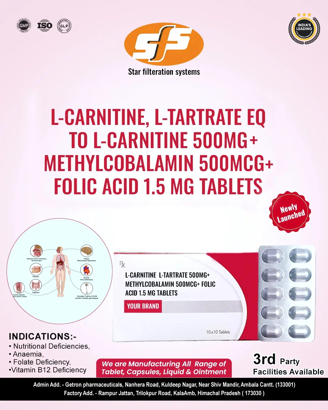 L-Carnitine,L-Tartrate EQ TO L-Carnitine 500mg+ Methycobalamin  500mg Folic Acid 1.5mg Tablets