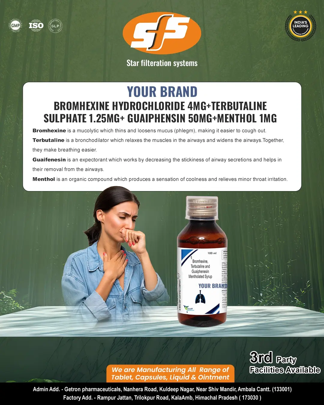 Bromhexine Hydrochloride 4mg+ Terbutaline Sulphate 1.25mg+ guaiphensin 50mg + menthol 1mg