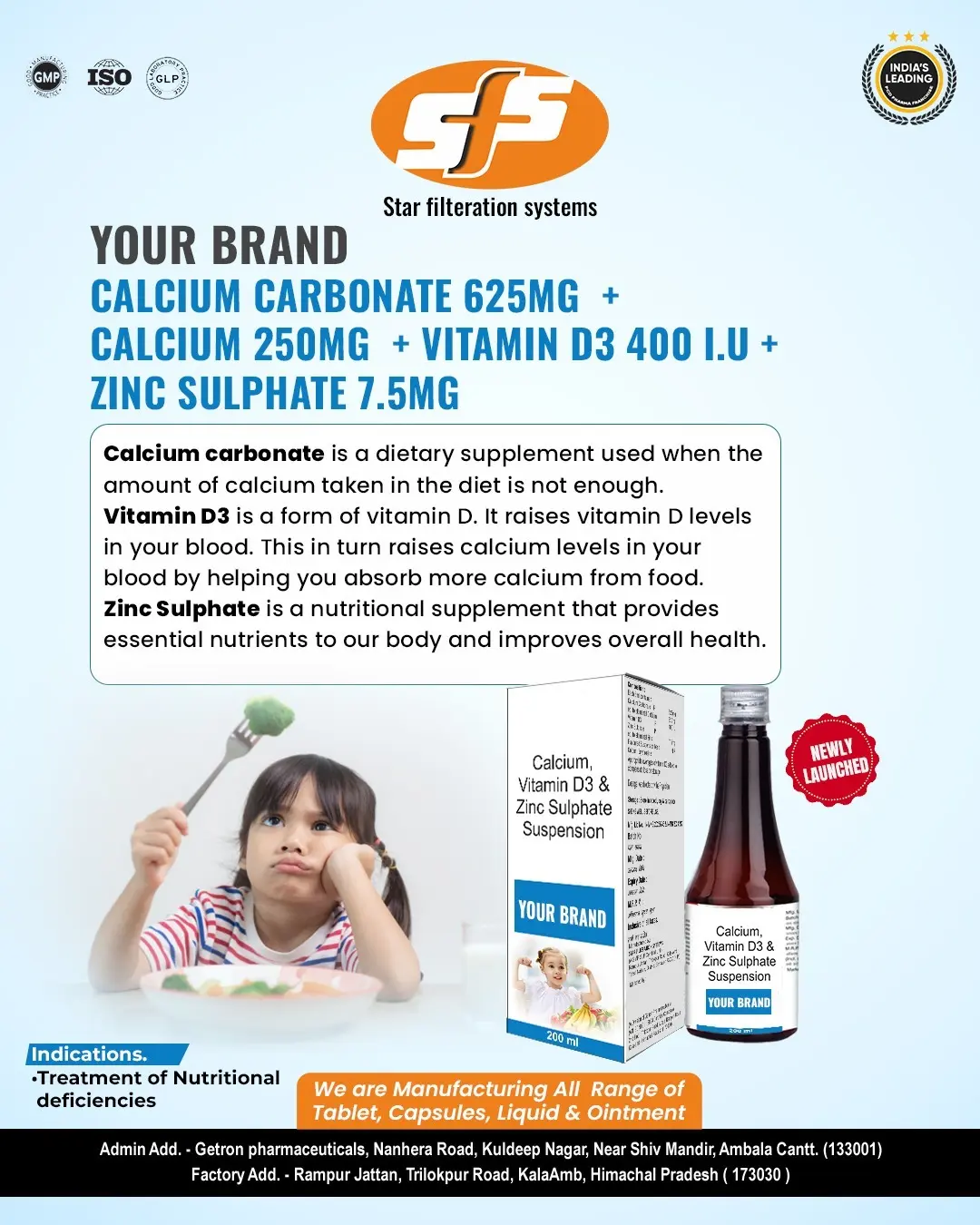 Calcium Carbonate 625mg+ Calcium 250mg+ Vitamin D3 400 I.U+ Zinc Sulphate 7.5mg